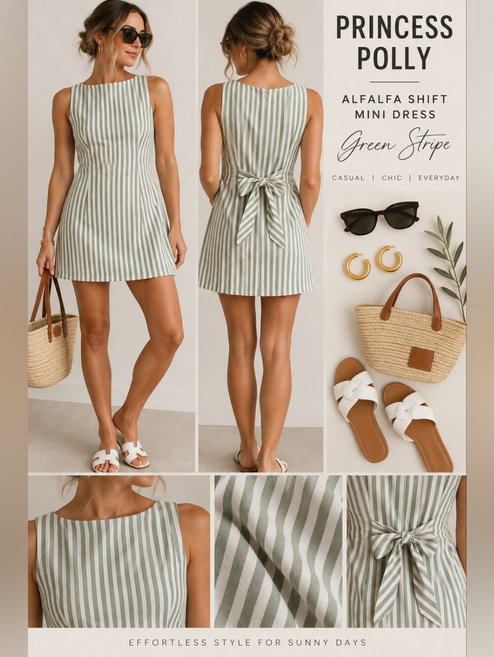 Princess Polly Alfalfa Shift Mini Dress Green Stripe US 8